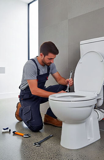 Plumber Fixing Toilet Wrench